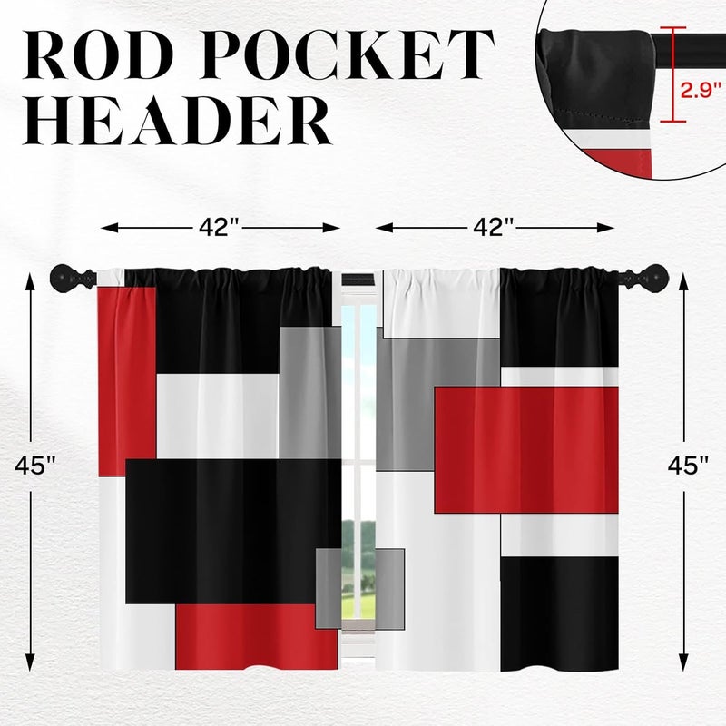 Tayney Red Kitchen Curtains 45 Inch Length Black Grey White Window Short Tier Curtains Over Sink Set of 2, Modern Abstract Geometric Art Kitchen Decor 42x45 Inch - Image 2